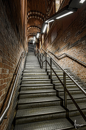 Lit stairwell, St Pancras Station