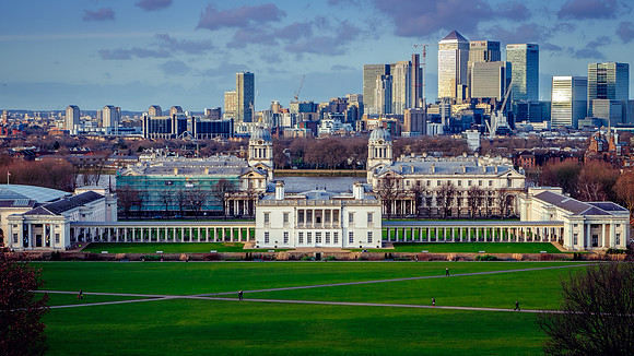 Queen's house and financial district from the Royal Observatory